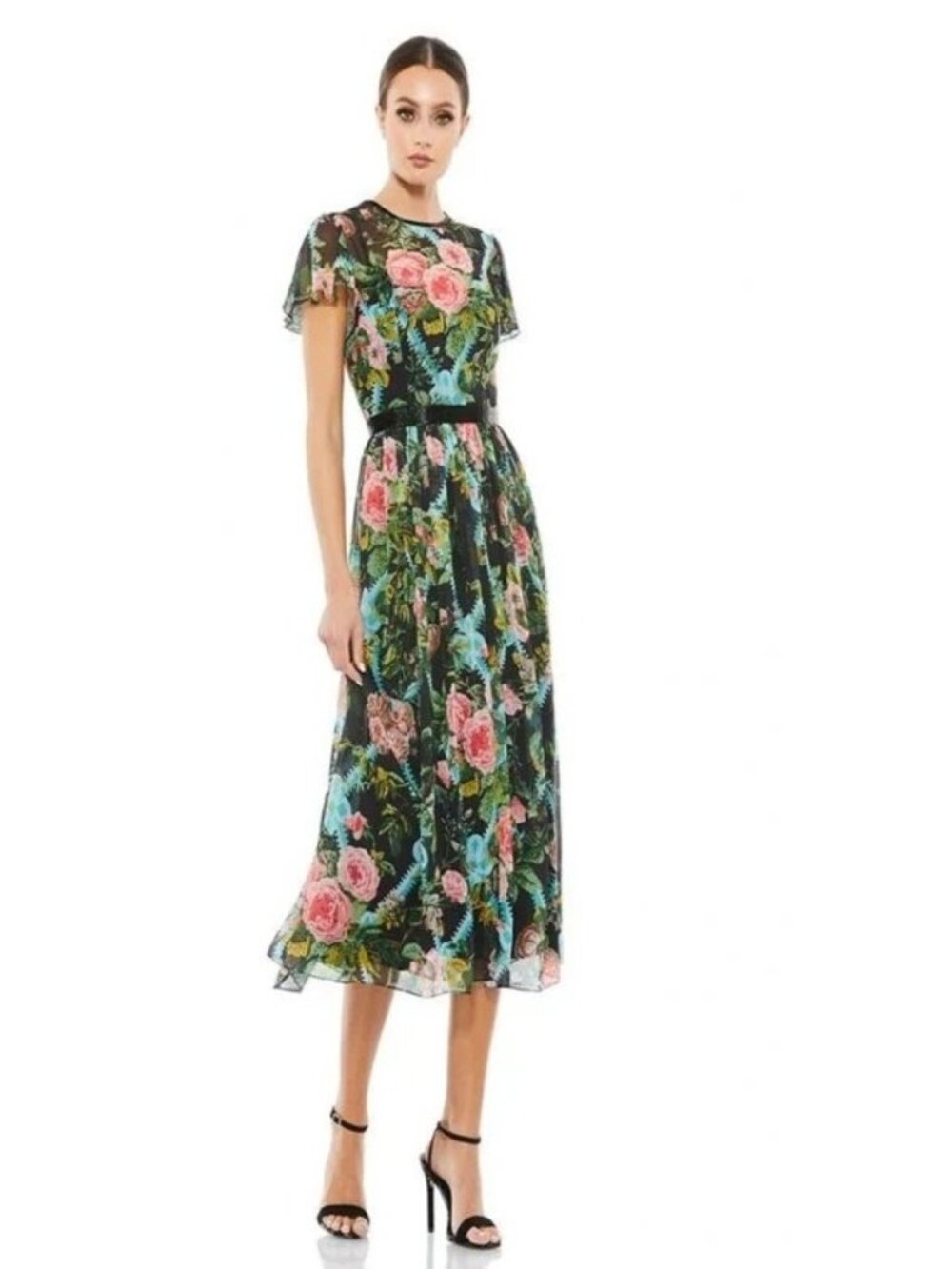 Mac Duggal Floral Midi Dress With Sheer Sleeves & Belted Waist